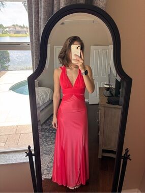 Morgan & Co Coral Halter Evening Gown - Sleek Floor-Length Dress